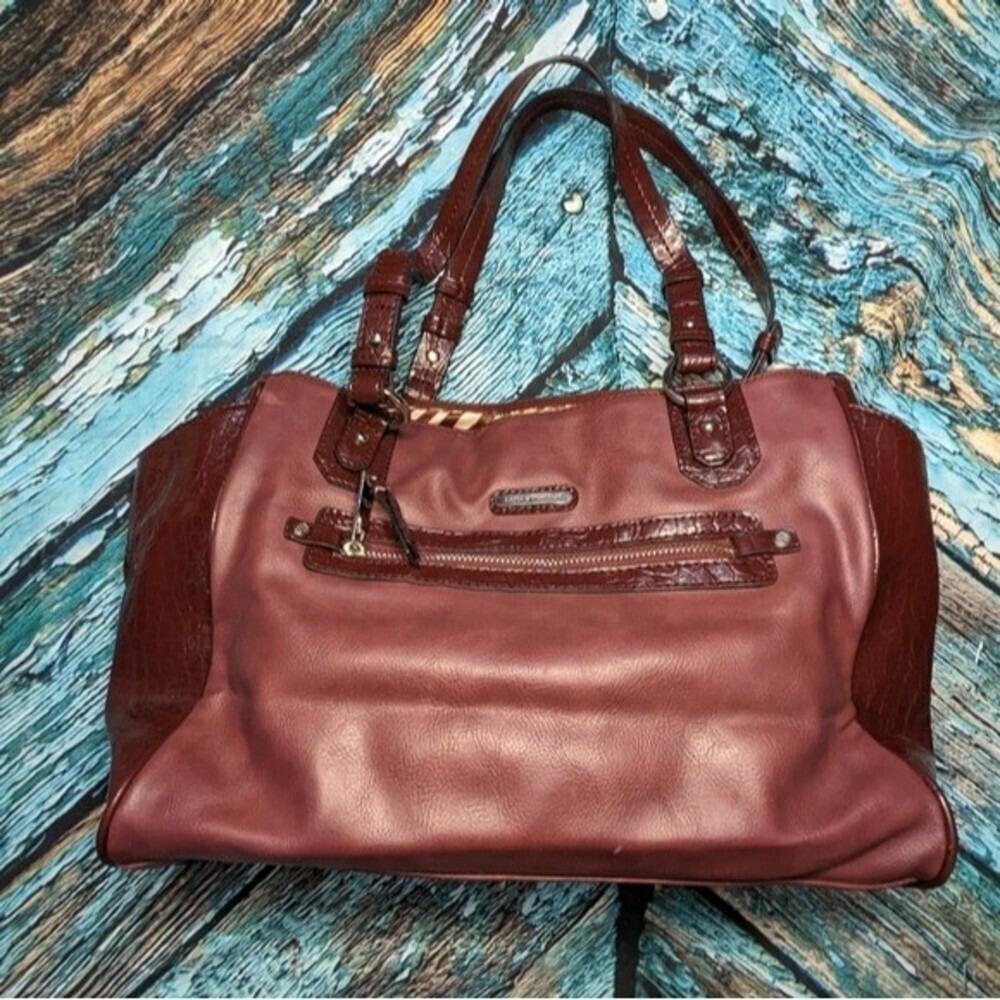 Quiet Luxury Dana Buchman Burgundy Satchel Shoulder Bag Faux Leather Work
